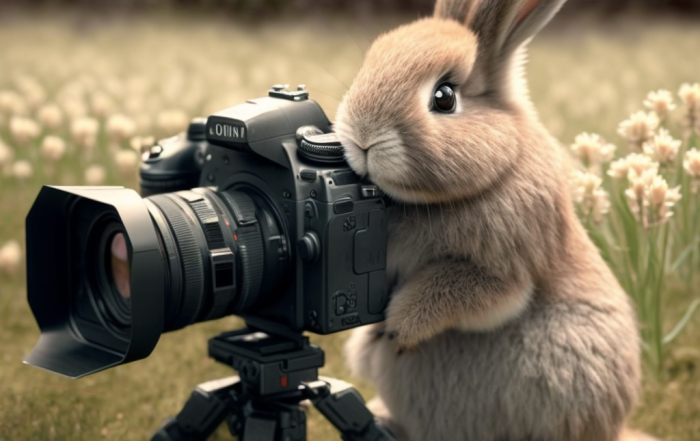 Das Bild wurde von der KI Midjourney erzeugt und zeigt einen Osterhasen mit einer Kamera